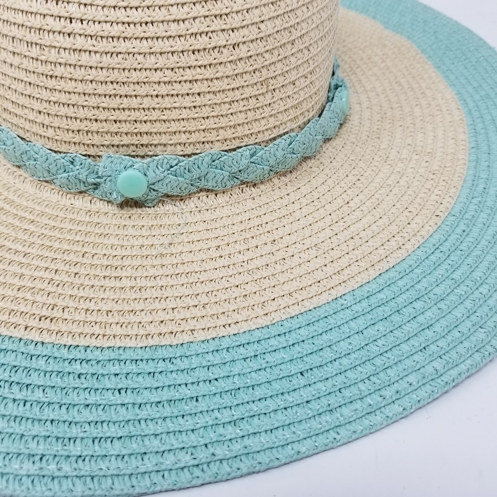 The Girlfriend Hat Wide Brim Hat Stripe Braided Hat Band Baby Blue Natural Paper - Picture 6 of 10
